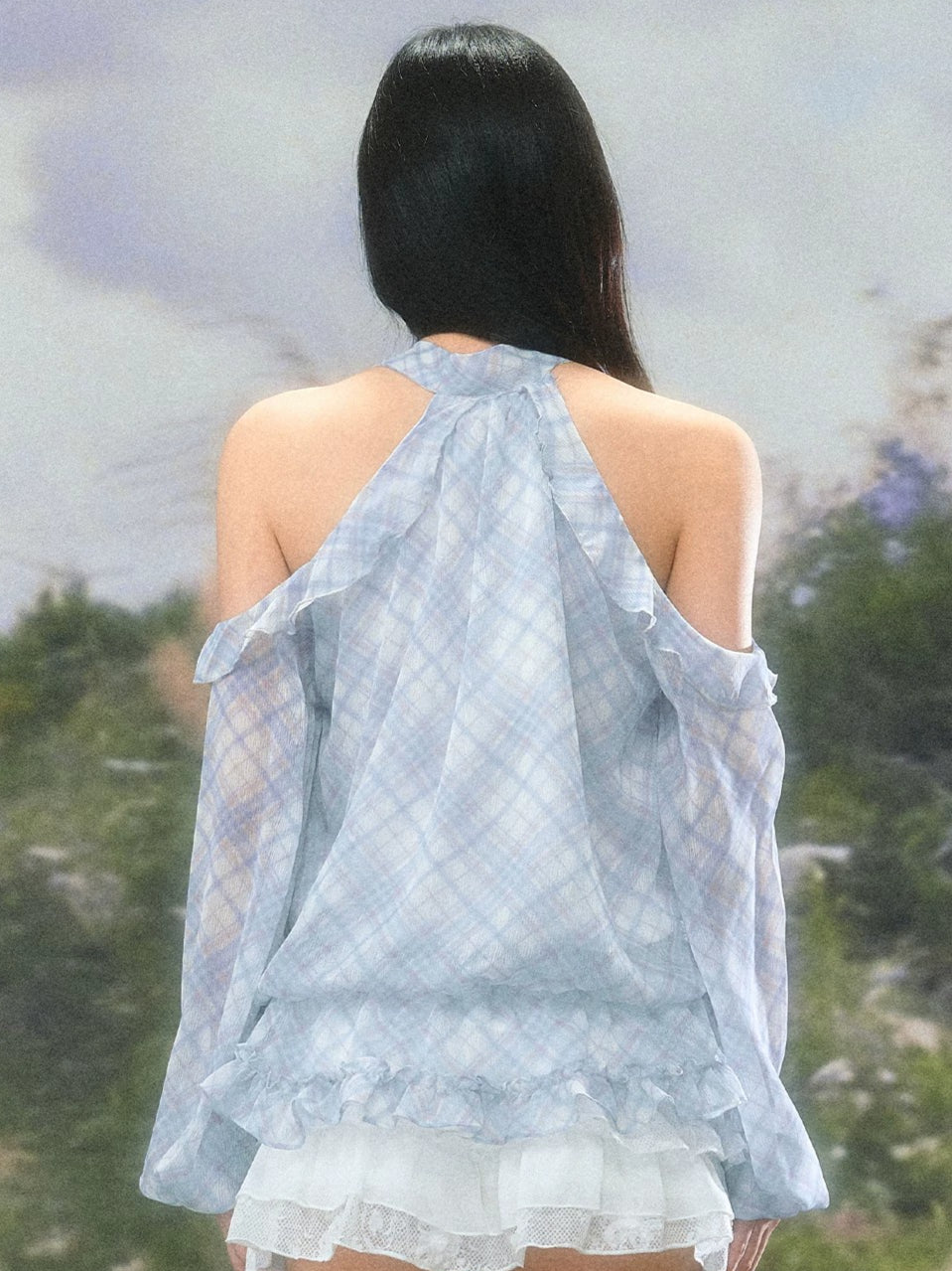 Plaid Halter Ruffle Blouse