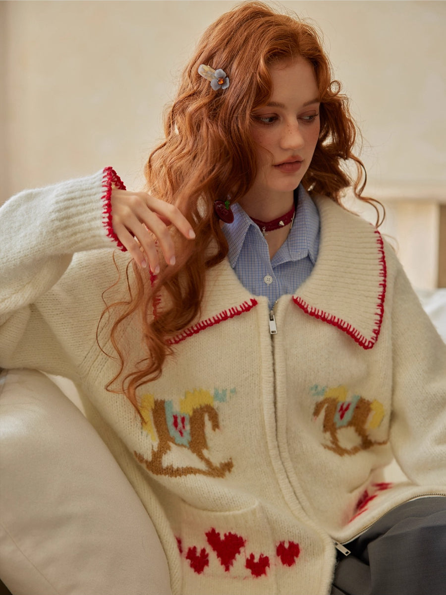 Contrast-Trim Horse Jacquard Knit Zip Cardigan