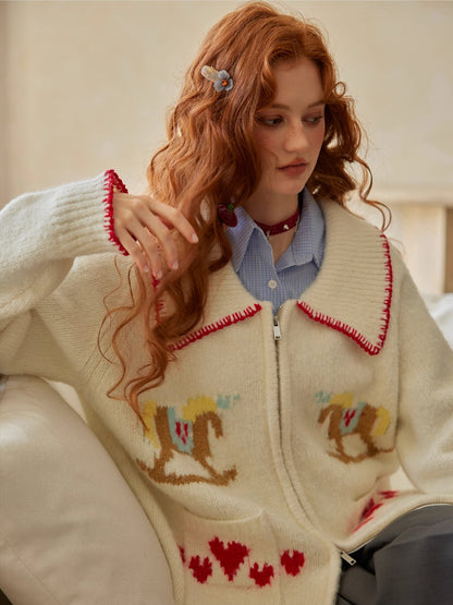 Contrast-Trim Horse Jacquard Knit Zip Cardigan