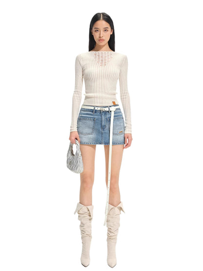 "Blue Ridge" V-Neck Openwork Knit Top