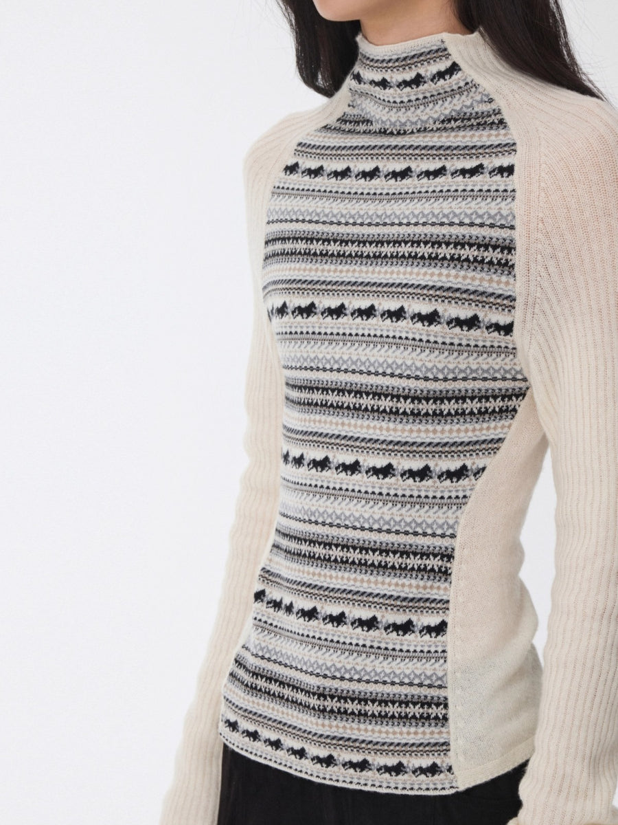 Fair Isle Turtleneck Raglan Sleeve Colorblock Knit Base Layer