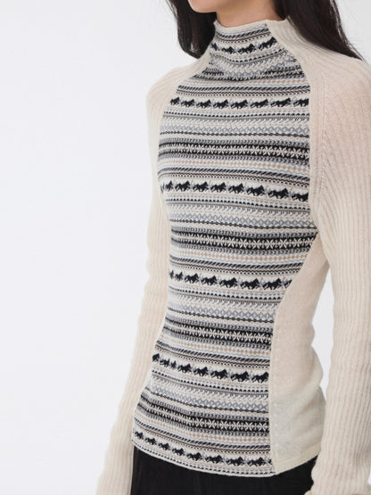 Fair Isle Turtleneck Raglan Sleeve Colorblock Knit Base Layer