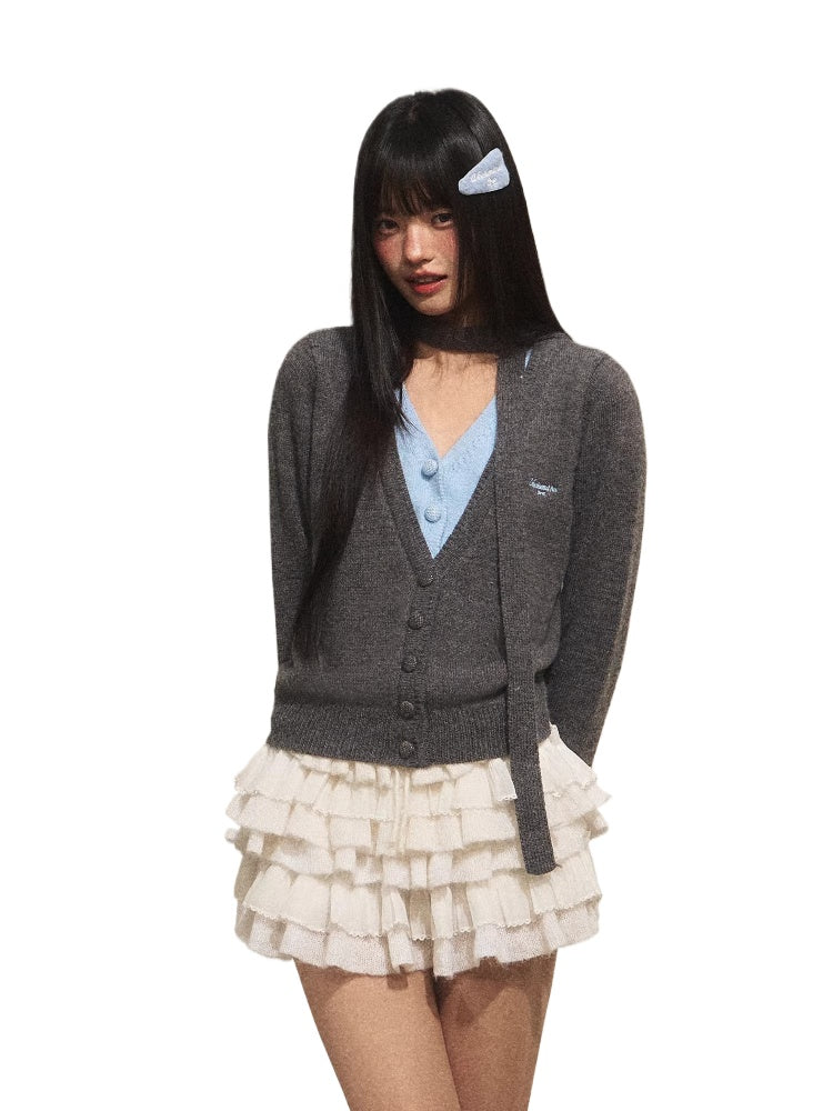 Contrast V-Neck Faux Layer Knit