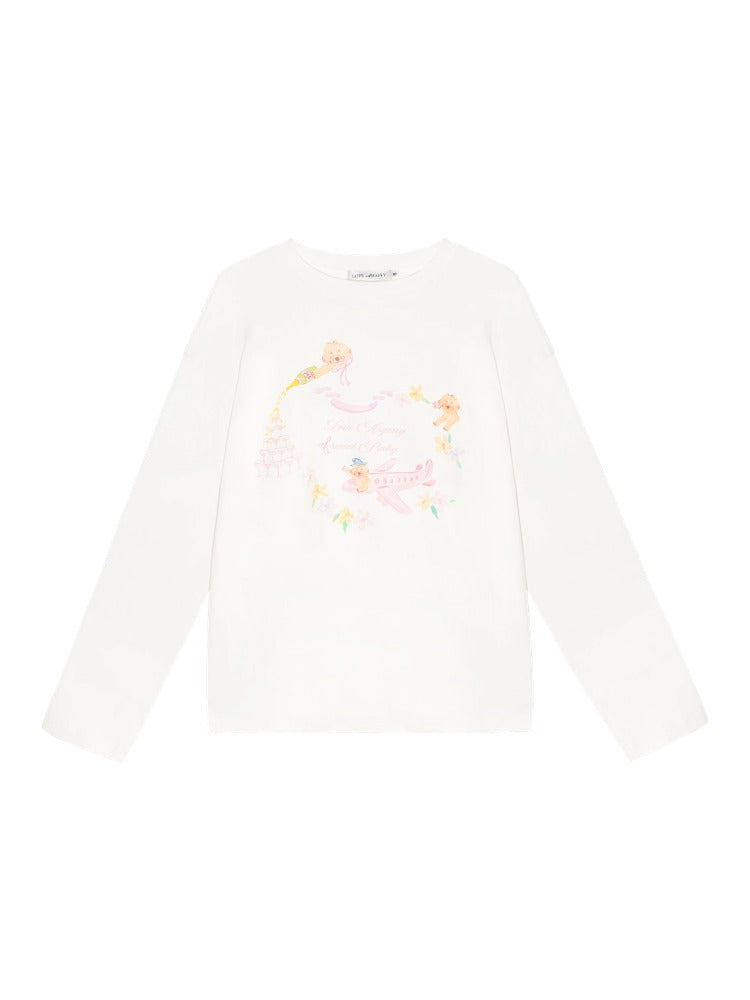 Crew Neck Dog Print Long-Sleeve Tee