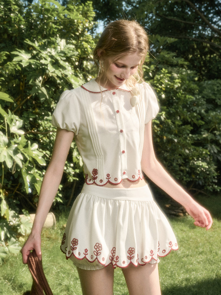 Lace Embroidery Airy Shirt &amp; Skirt Set