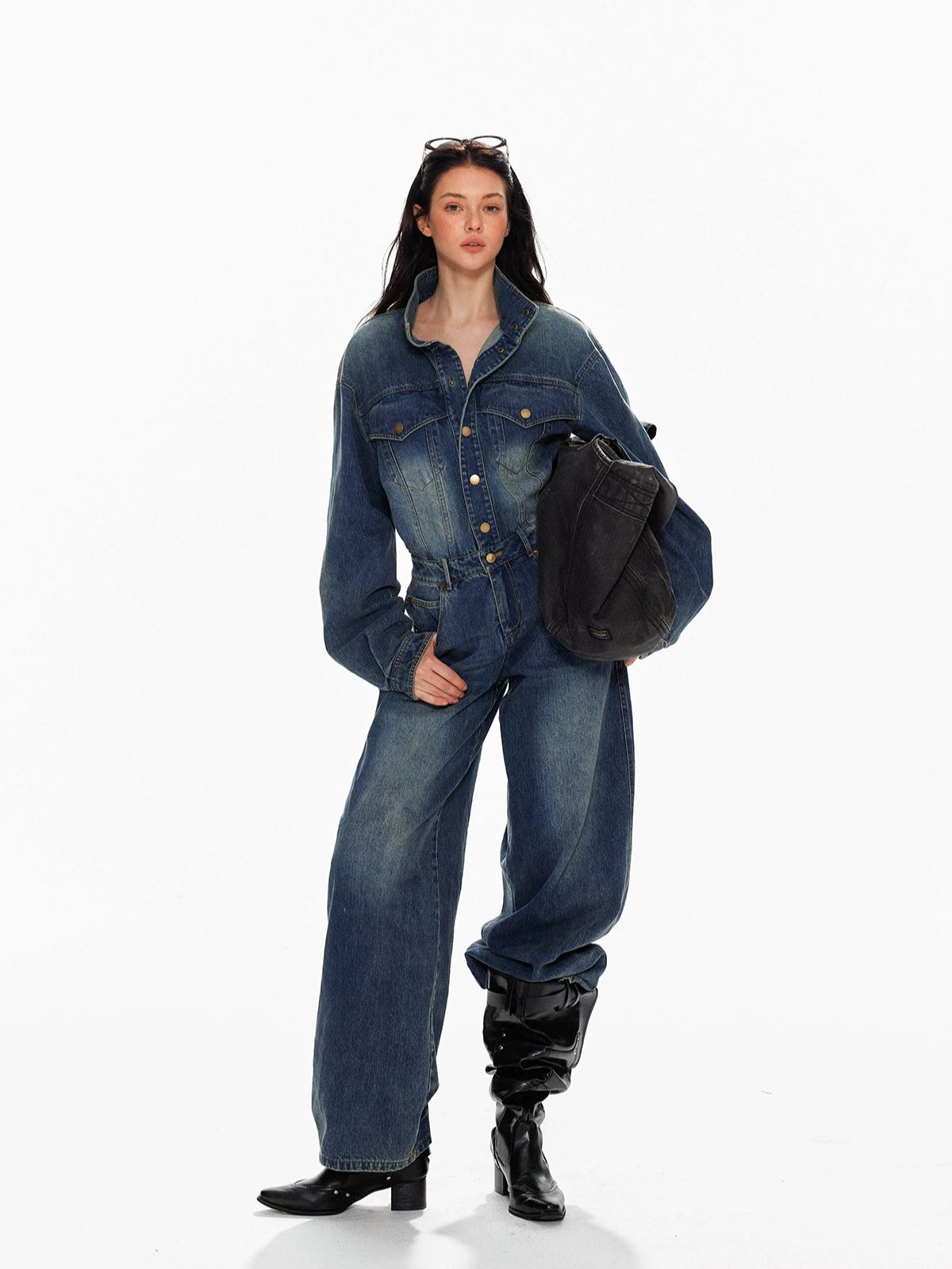 Vintage Washed Denim Wide Leg Jumpsuit