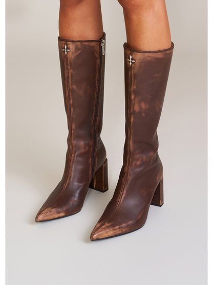 Compass Badge Sword Leather High Heel Boots Patina Wild Horse Brown Patina