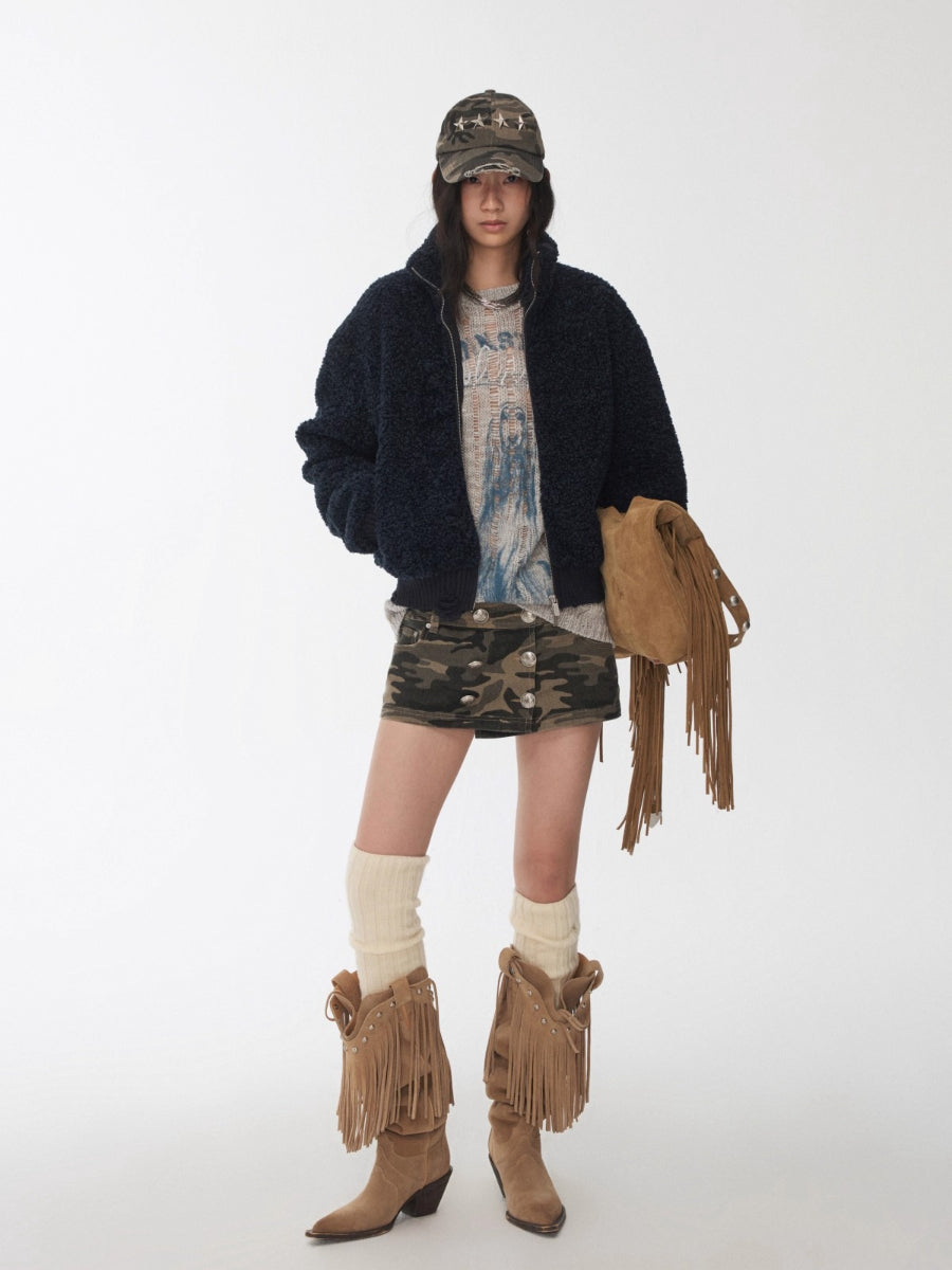 Zip-Up Shearling Textured Fitted Short Coat