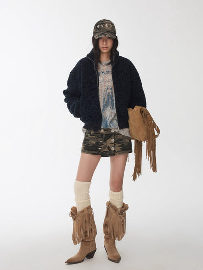 Zip-Up Shearling Textured Fitted Short Coat