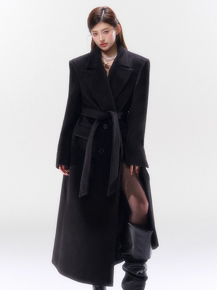 Hokkaido Wool-Blend Belted Lapel Long Coat