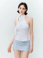 Contrast-Letter Bow-Tie Halter Top