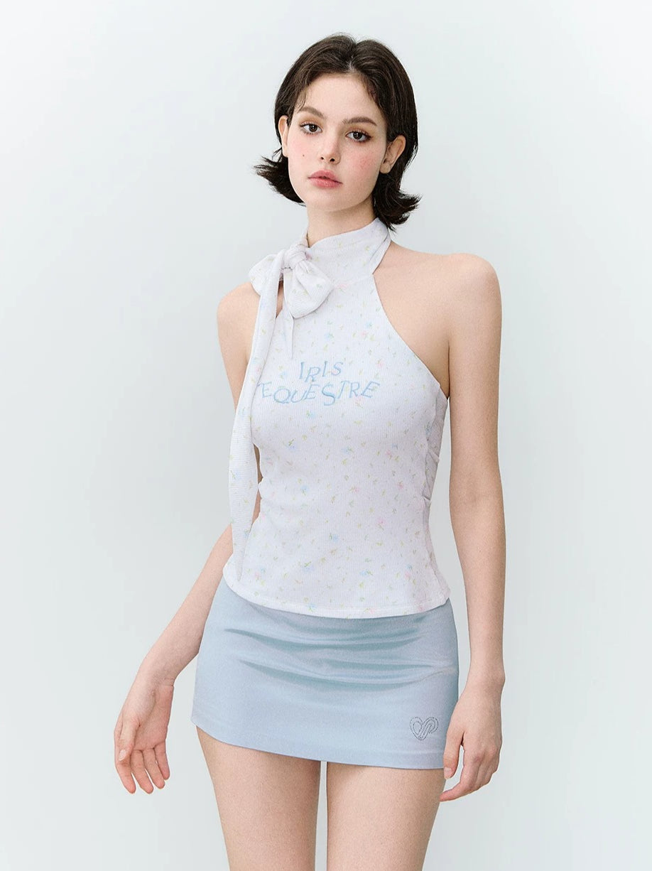 Contrast-Letter Bow-Tie Halter Top