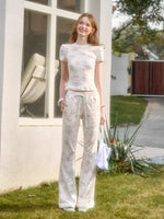 Cream Floral Lace Trim Cardigan & Pants Set
