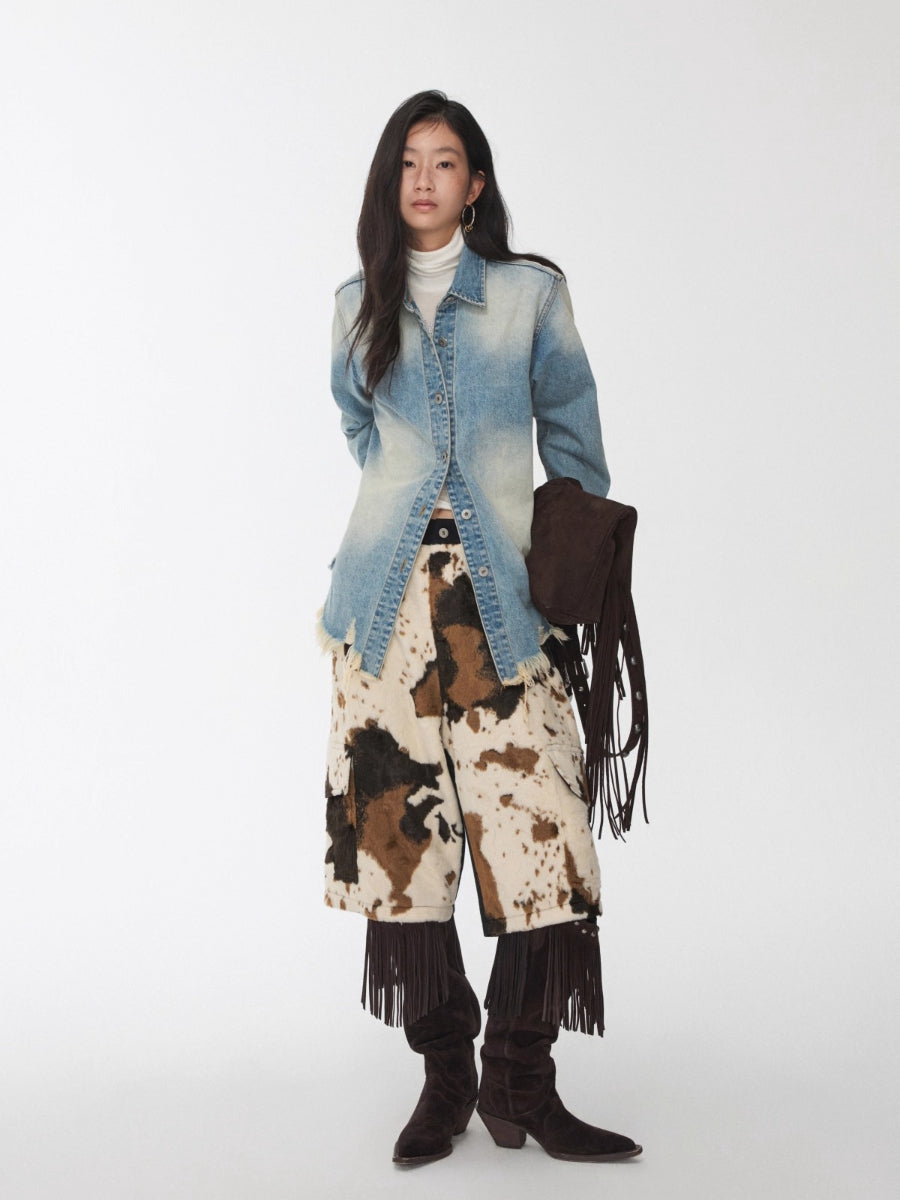 Vintage Washed Frayed-Edge Denim Shirt