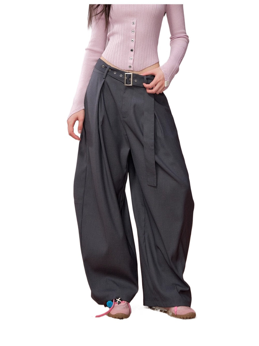 Belted Wide-Leg Tailored Trousers