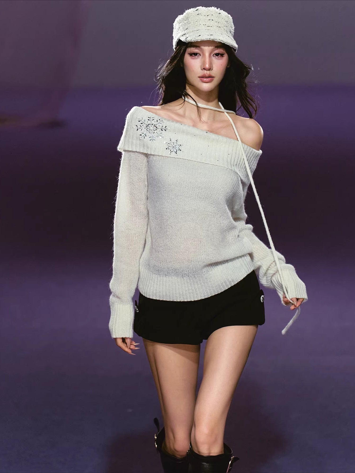 Snowflake Rhinestone Off-Shoulder Sweater