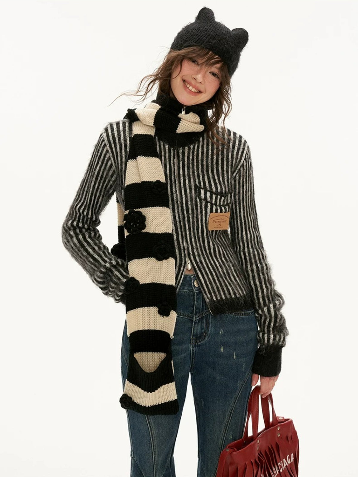 Striped Hooded Zip Knit Cardigan