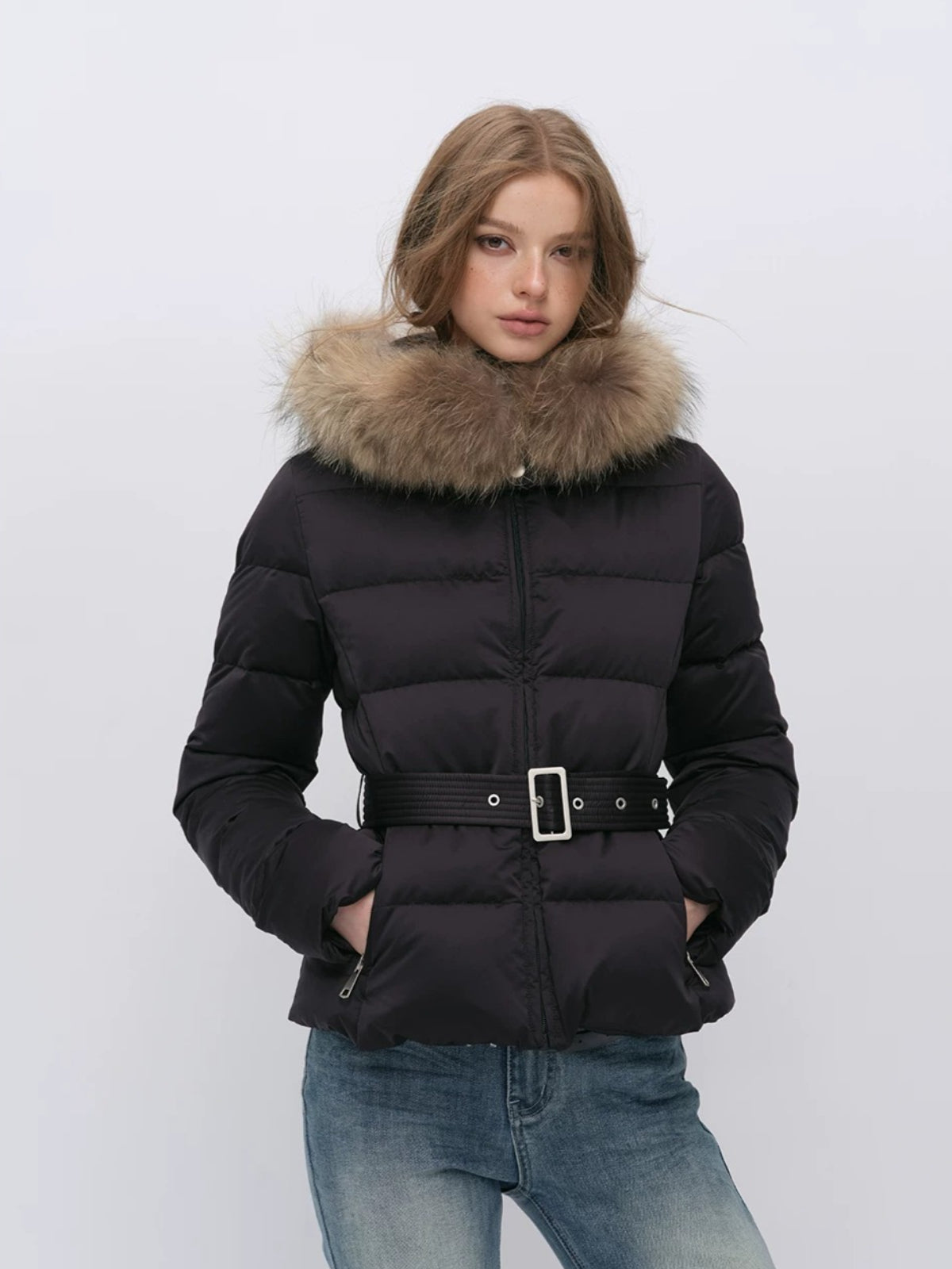Fur Collar Belted Down Jacket