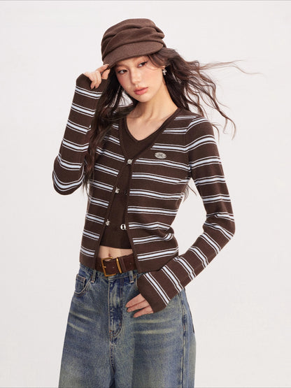 Fake Two-piece V-neck Striped Knit Top