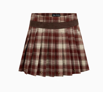Red &amp; Coffee Plaid Pleated Mini Skirt