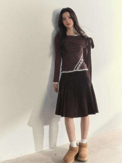 “Ribbon Shoulder” Off-Shoulder Knit Top