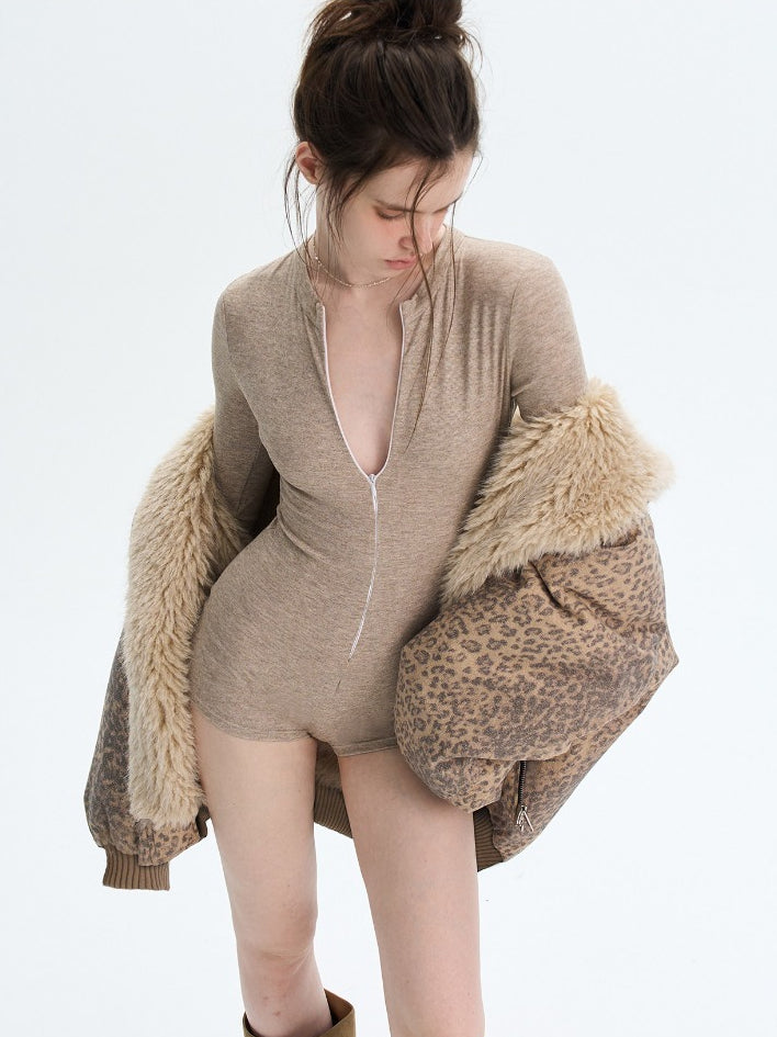 Leopard Printed Faux Fur Hooded Jacket