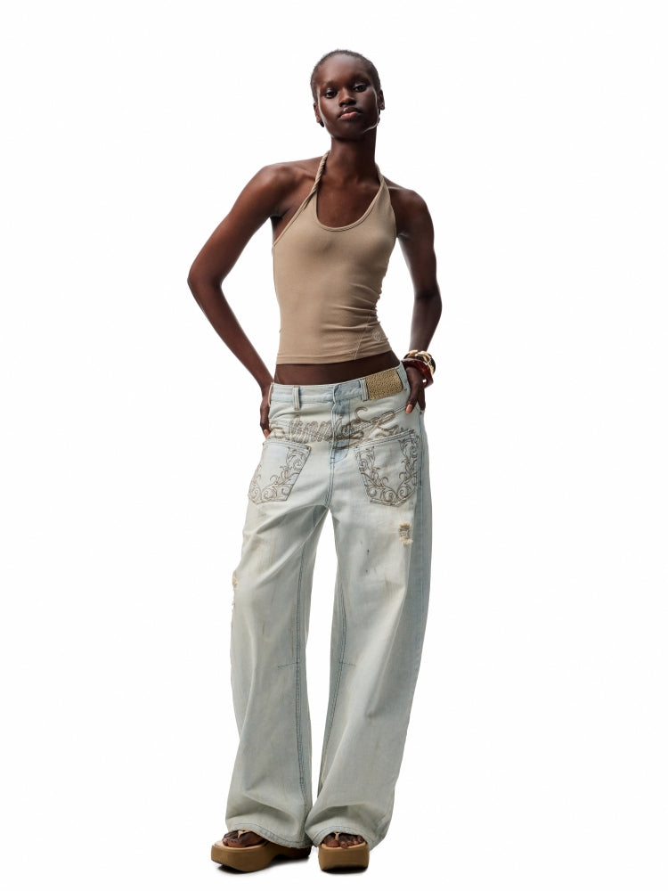 Slanted U-Neck Knot Embroidery Vest