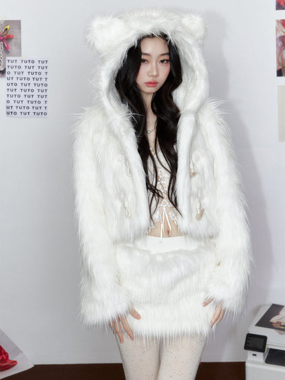 White Hooded Fur Coat