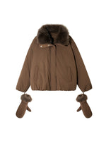 Detachable Fur Collar Short Down Jacket & Gloves Set