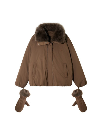 Detachable Fur Collar Short Down Jacket &amp; Gloves Set