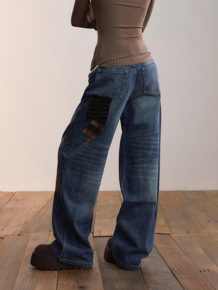 Patchwork Contrast Straight-Leg Jeans