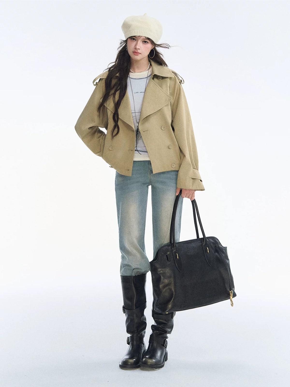 Vintage Solid Cropped Trench Coat