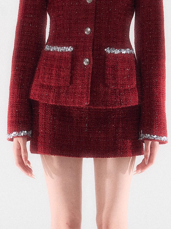 Metallic-Tweed Cinched Jacket Low-Rise Skirt Set