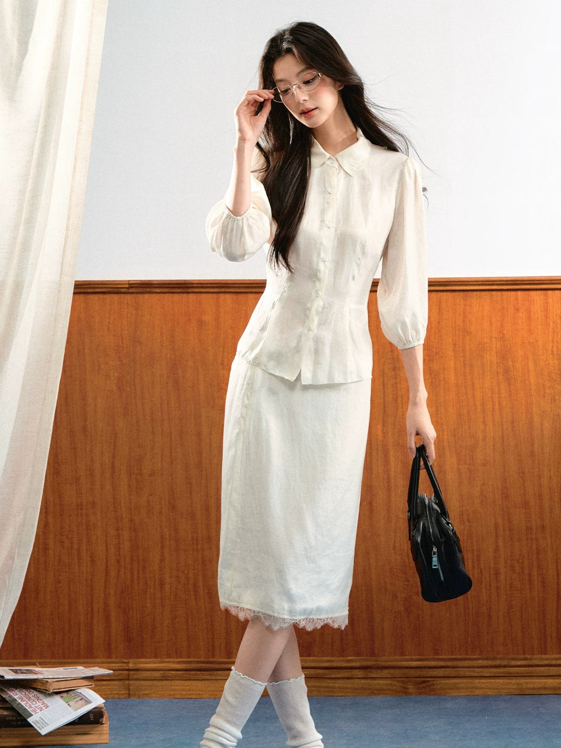 Puff Sleeve Lace Skirt Set