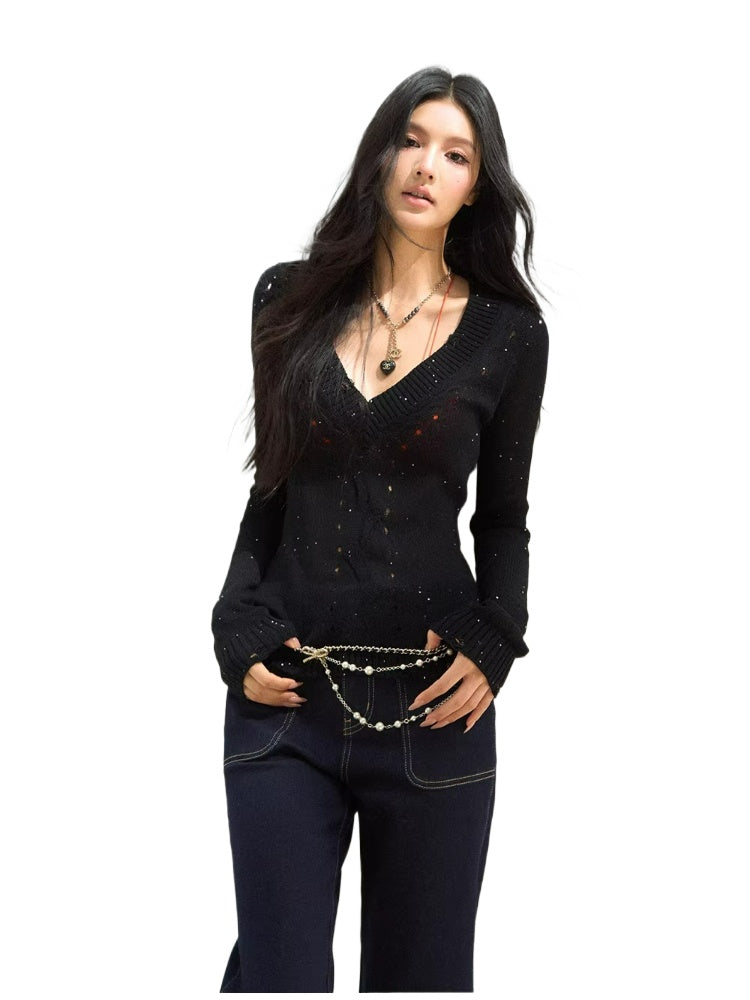 Shimmer Yarn Distressed V-Neck Knit Top