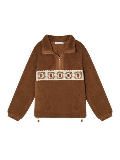 Brown Patchwork Teddy Fleece Zip-Up Sweatshirt