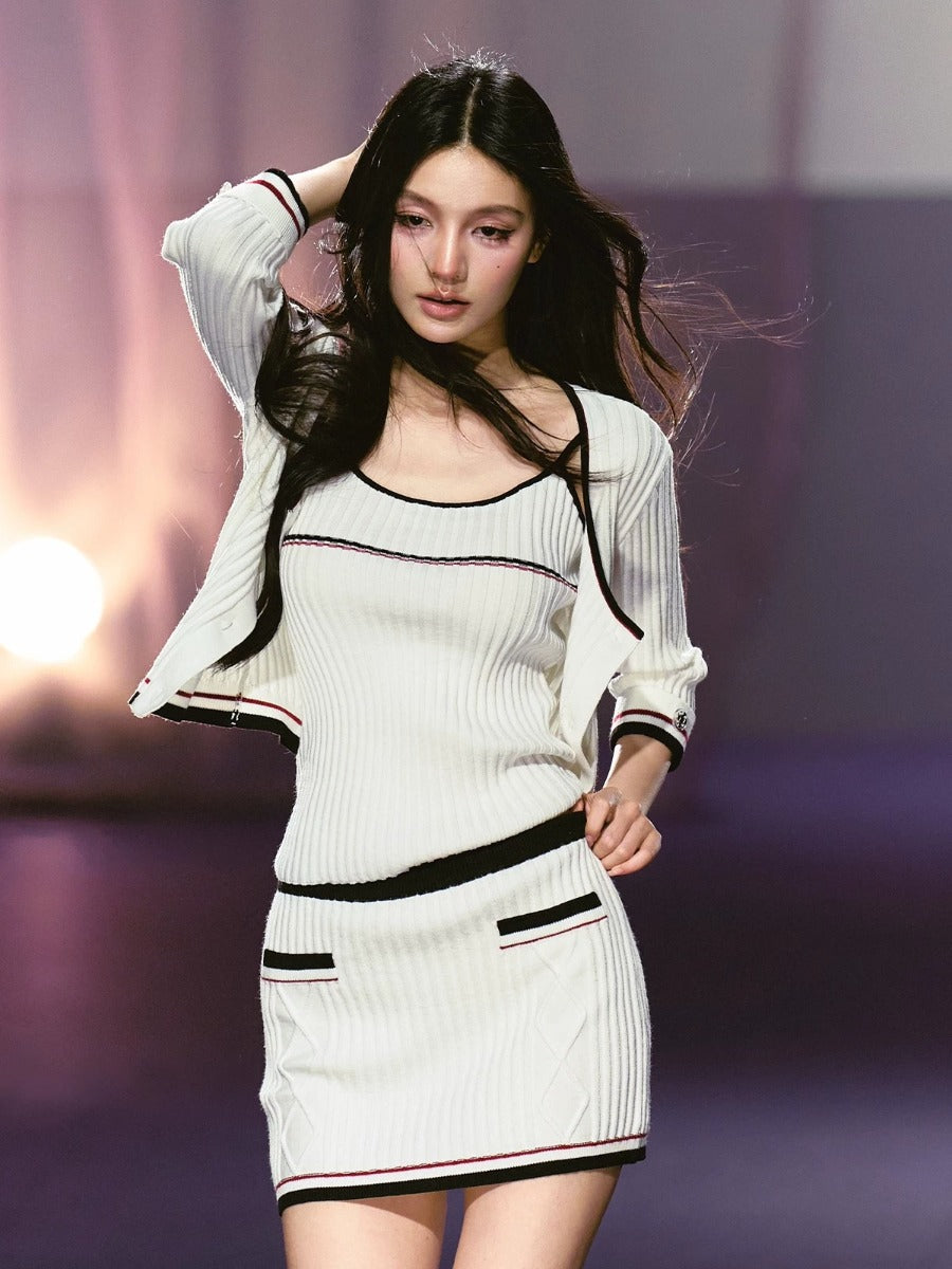 Contrast Knit Three-Piece Set