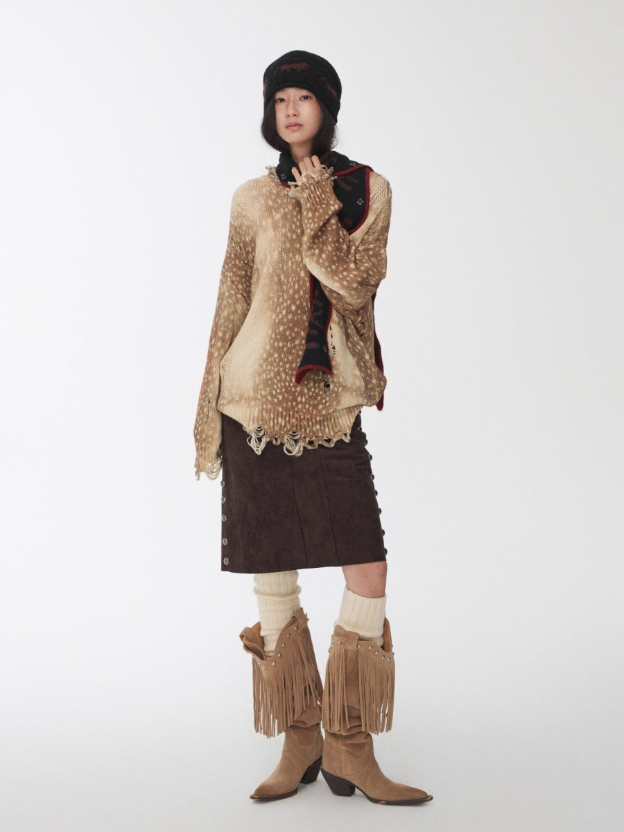 Vintage Deer Print Distressed Knit Sweater