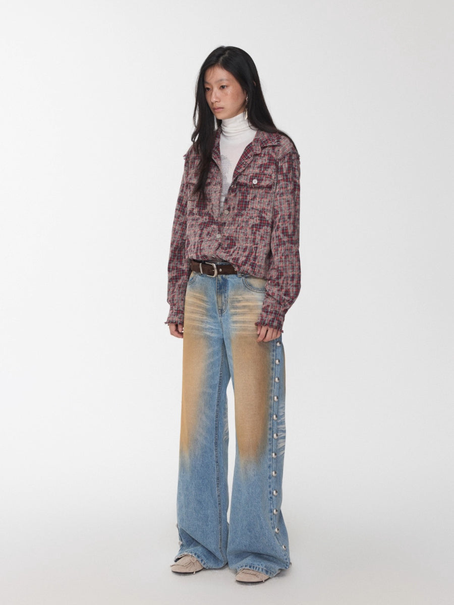 Washed Plaid Frayed-Edge Fitted Shirt