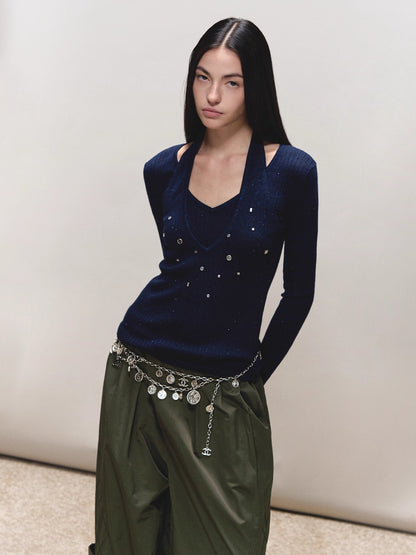 Wool Halter Sequin Long-Sleeve Top