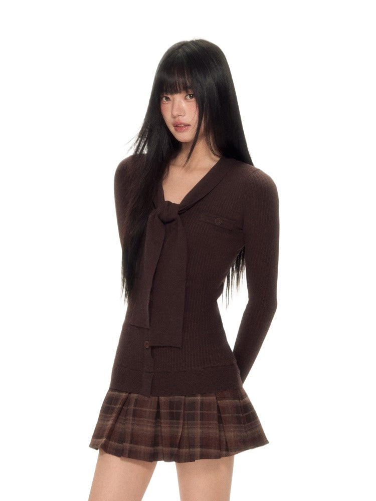 Dark Coffee Plaid Pleated Knit Dress