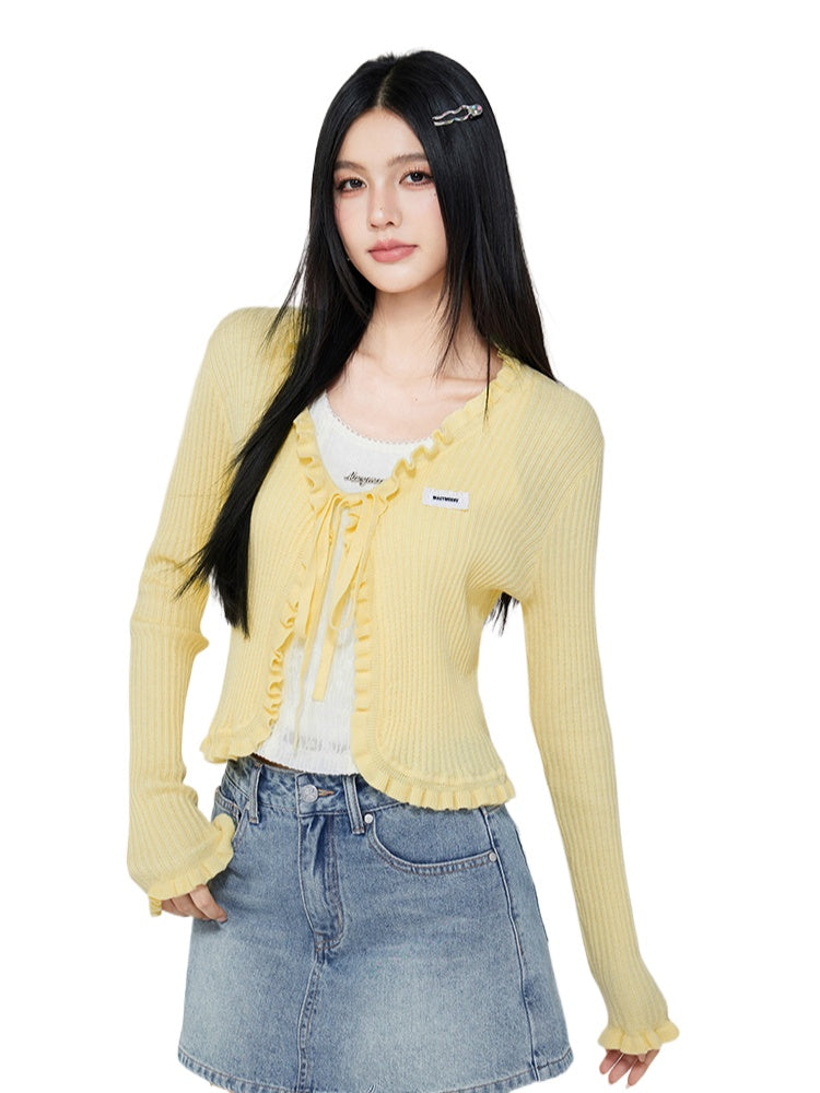 V - neck Ruffled Tie - front Knit Cardigan
