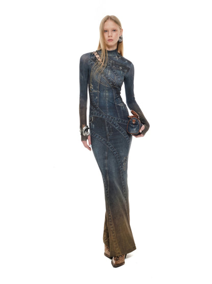 Denim Print Long High Neck Dress