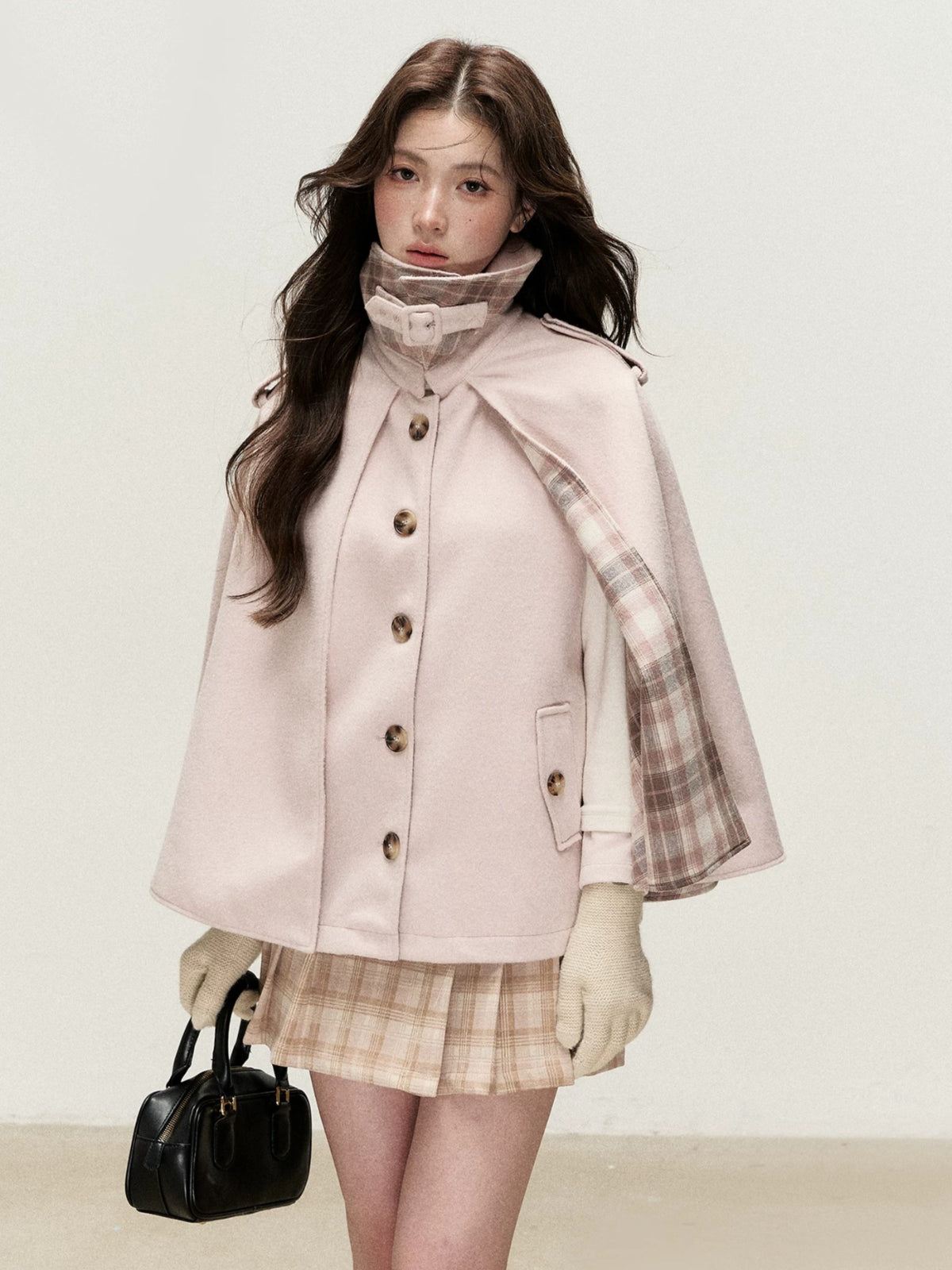 Vintage Plaid Panel Wool Cape Coat