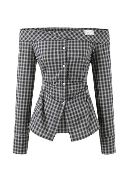 One-Shoulder Waist-Cinching Checked Shirt