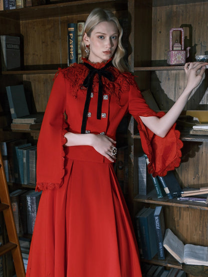 Mirage Vintage Lace-Collar Blazer &amp; Flared Skirt Set