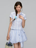 Colorful Buttons Striped College - Style Shirt & Skirt Set