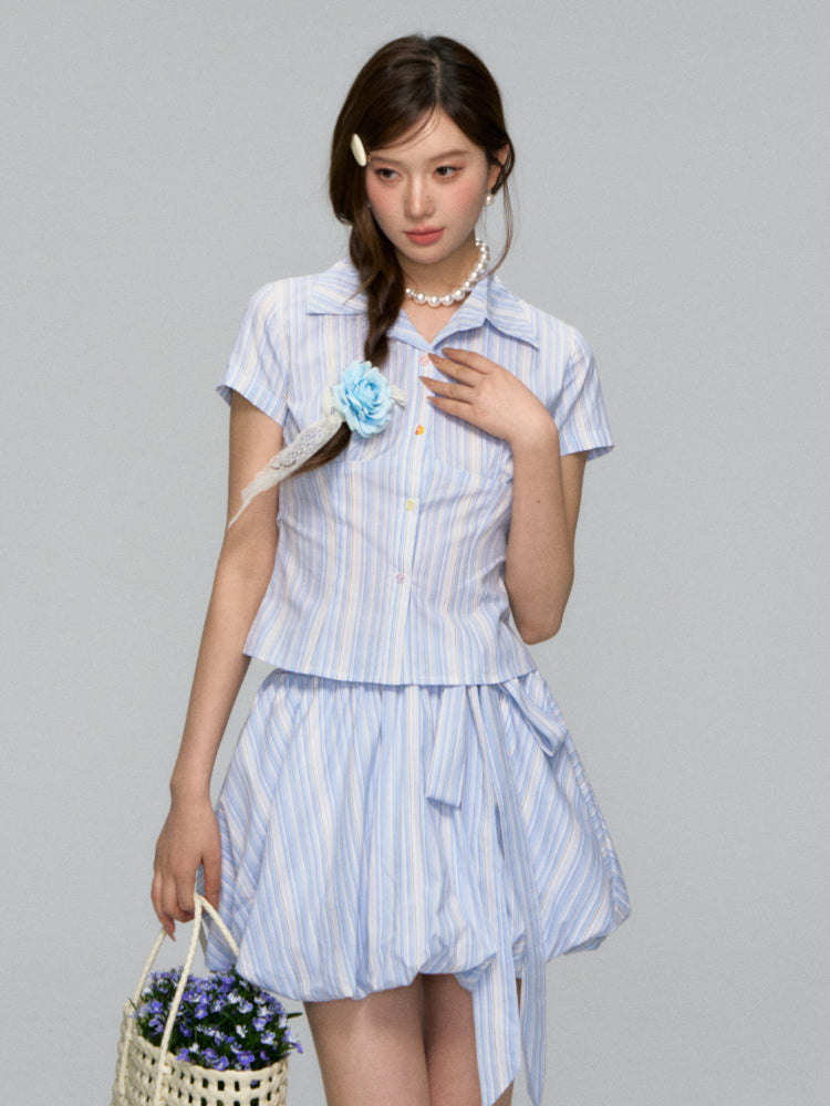 Colorful Buttons Striped College - Style Shirt &amp; Skirt Set