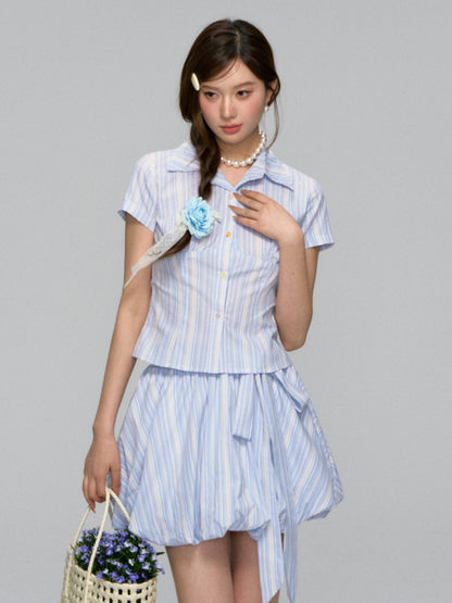 Colorful Buttons Striped College - Style Shirt &amp; Skirt Set