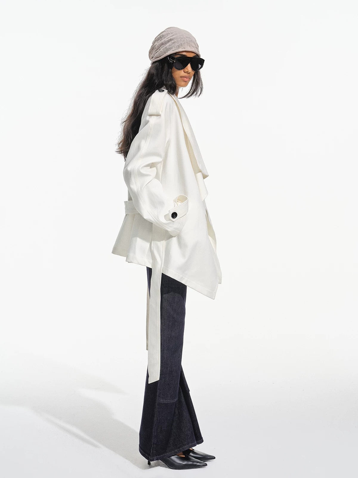 Draped Collar Belted Trench Coat